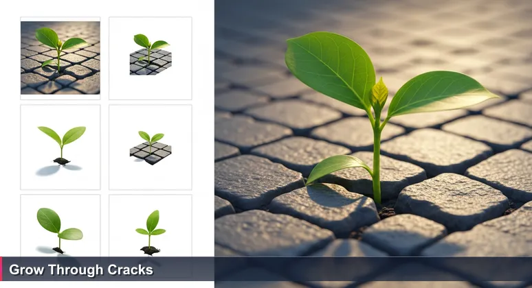 A vibrant green seedling pushing through a crack in a cobblestone sidewalk in Addis Ababa's Piazza, symbolizing tech startup opportunities for junior developers in Ethiopia.