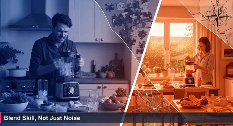 A person in a chaotic kitchen struggling with a high-tech blender, while through the window, a neighbour uses the same blender skillfully in a tidy garden.