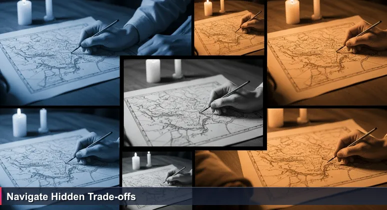 A mapmaker's hands drawing a precise coastline on parchment, with a chaotic sketch in the background, symbolising the hidden complexity in tech salary rankings.