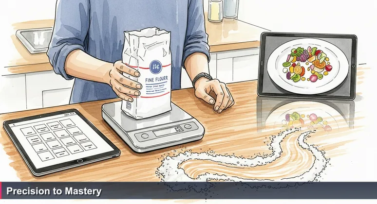 A person in a UK kitchen meticulously measuring ingredients with a digital scale, symbolising the precise journey to mastering AI engineering in 2026.