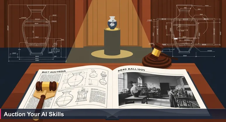 Auction house scene symbolizing AI salary negotiation: spotlight on a vase with a catalogue showing its provenance, representing hidden value in UK AI careers.