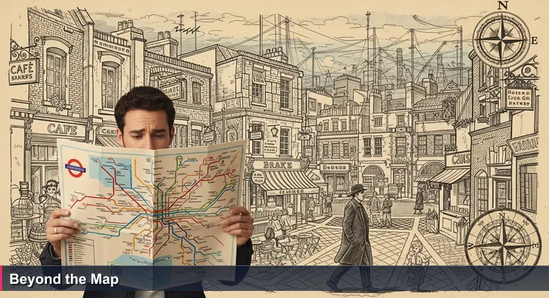 A tourist in London looking confused at a simplified tube map, while a local confidently navigates hidden backstreets, symbolising the gap between surface-level and deep knowledge of UK AI networking.