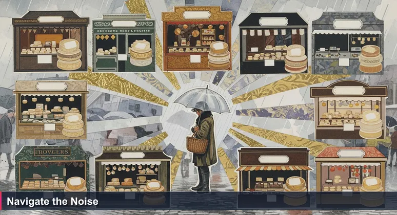 A shopper at a UK farmer's market looking confused at multiple cheese stalls with 'best' awards, symbolising the overwhelming choice of AI engineering jobs.