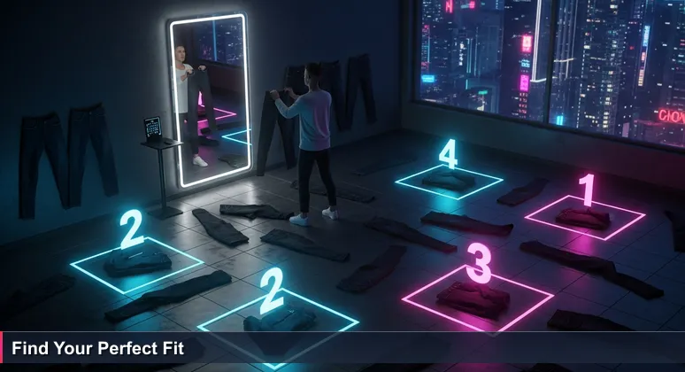 A person in a UK high-street changing room, surrounded by discarded jeans, symbolising the quest for the perfect AI bootcamp fit amidst many options.