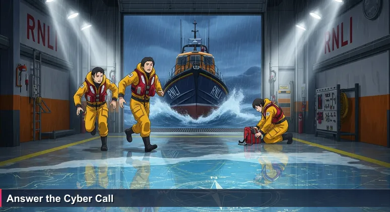 Digital illustration of a stormy RNLI lifeboat station at night, with crew in yellow gear urgently mobilizing, symbolizing the call for cybersecurity defenders across the UK in 2026.