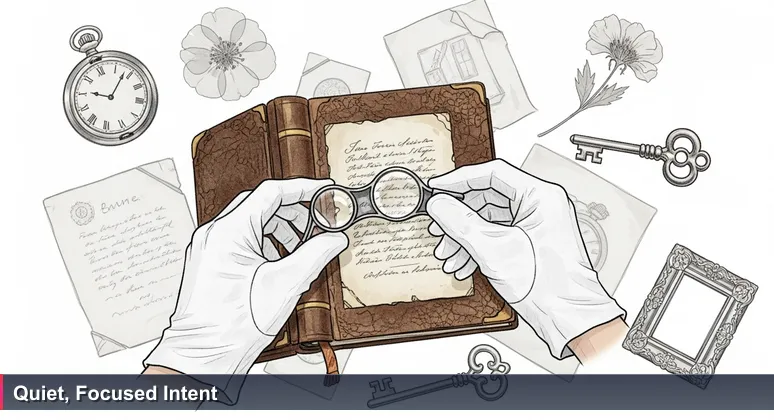 Hands in white gloves using a jeweller's loupe to inspect a vintage book, symbolising the careful evaluation of UK AI startups.