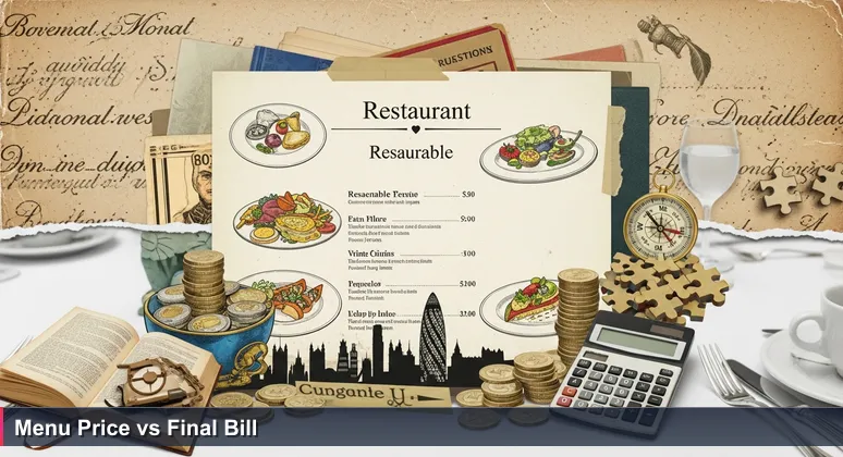 Close-up of a restaurant bill with inflated total due to service charge and London supplement, representing hidden living costs for tech professionals in the UK