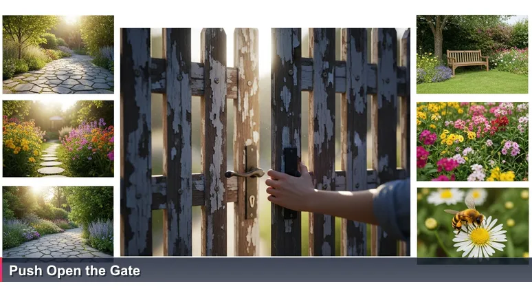 A hand pushes open a weathered wooden gate, revealing a sunlit community garden path with benches and flowers, symbolising access to hidden free tech training in UK libraries.