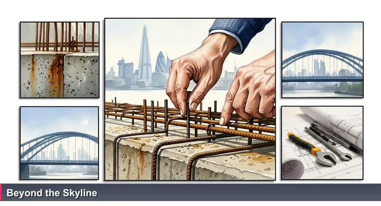 Close-up of a structural engineer's hands inspecting steel reinforcement in concrete, symbolising AI talent reinforcing UK industries, with London skyline blurred in background.
