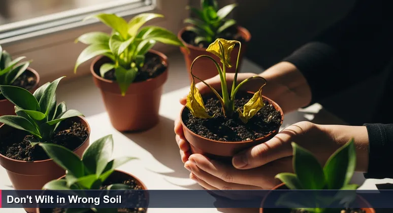 Close-up of hands holding a wilting plant with yellow leaves and waterlogged soil, with a thriving green plant in the background on a sunny windowsill.