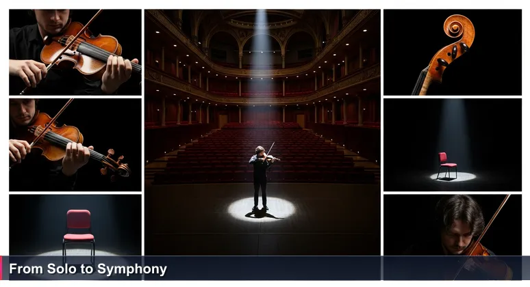 A woman tuning a violin alone on a dark stage, symbolising the journey from isolation to community in UK women's tech careers.