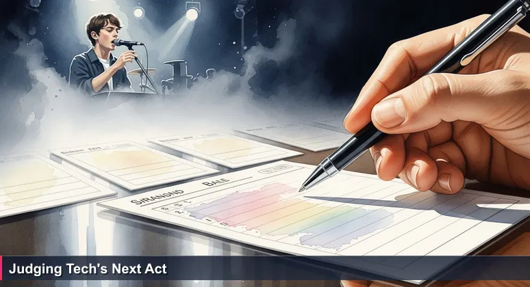 A judge's scorecard from a French talent show with a hovering pen and blurred scores, symbolizing the ranking of AI startups.