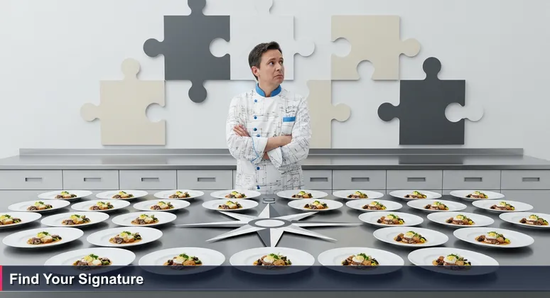 A food critic looks disappointed at identical perfect dishes in a sterile kitchen, symbolizing the AI job market's demand for unique builders over uniform credentials.