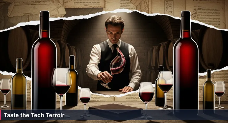 A sommelier in a Parisian wine cellar swirling a glass of wine, with a closed tech rankings guidebook on a barrel, symbolizing nuanced evaluation of tech careers in France.