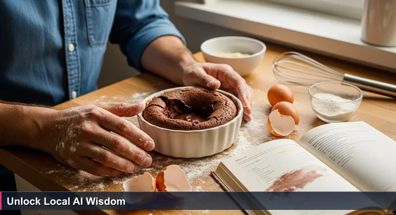 Close-up of flour-covered hands gazing at a collapsed chocolate soufflé in a kitchen, symbolizing the frustration of missing unwritten AI engineering secrets in France.