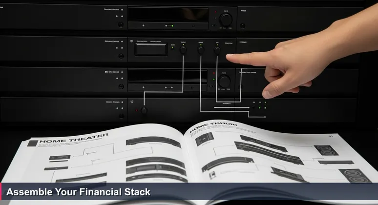 A hand pointing at a complex home theater setup with multiple black boxes and blinking lights, symbolizing the choice in funding options for tech training.