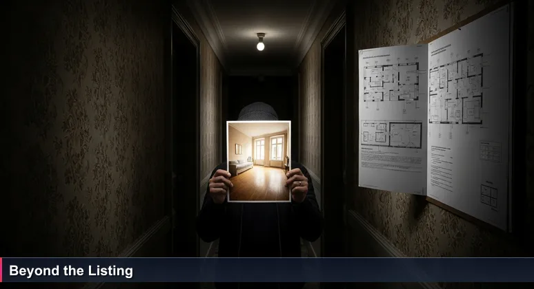 A person in a dim Parisian apartment hallway contrasts a bright studio listing with the dark reality, symbolizing the gap between advertised and actual AI salaries.