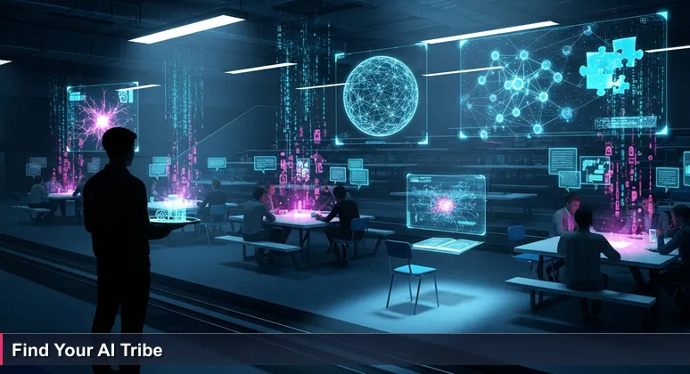 A person at a cafeteria entrance, scanning lively tables, symbolizing the search for the right AI community in France's 2026 networking events.