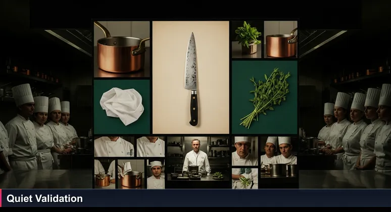A chef in a French kitchen holding a knife, with team members in the background, symbolizing the quiet achievement in AI careers.