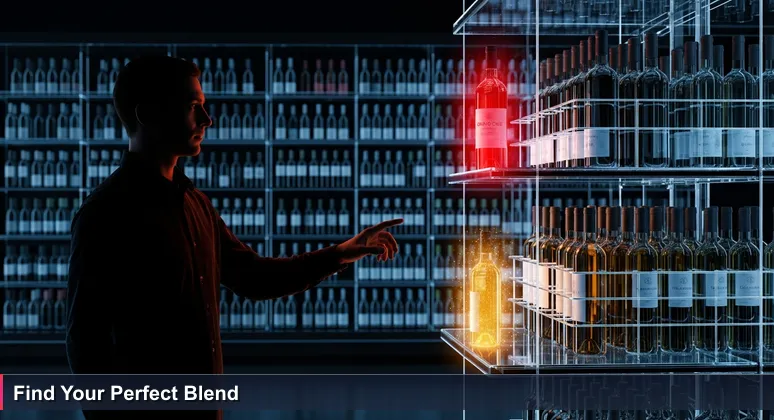A person hesitating in a French supermarket wine aisle, with bottles labeled as AI bootcamps, symbolizing the challenge of choosing the right tech education in France.