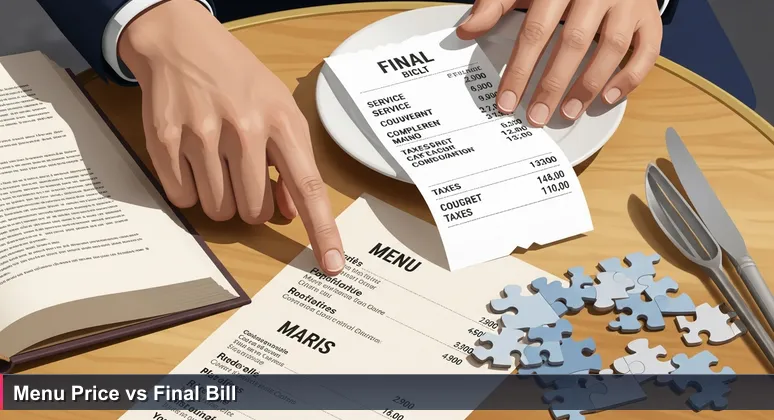 A hand pointing at a price on a Parisian restaurant menu, with a blurred final bill showing additional charges for service and TVA in the background.