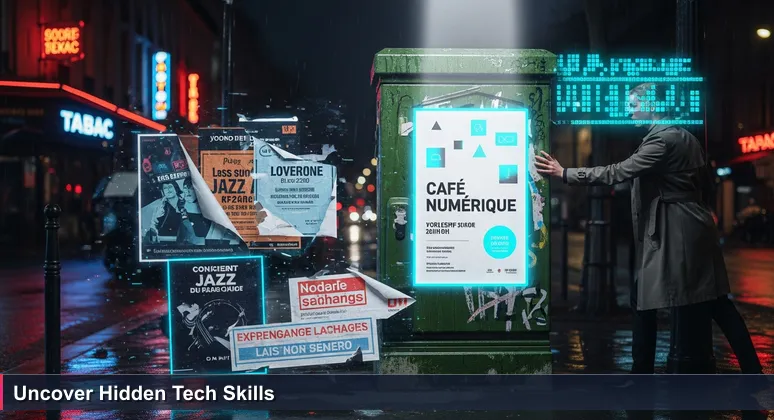 A weathered green utility box on a Parisian sidewalk, layered with peeling event posters and a crisp new flyer for a free tech workshop at the local médiathèque.