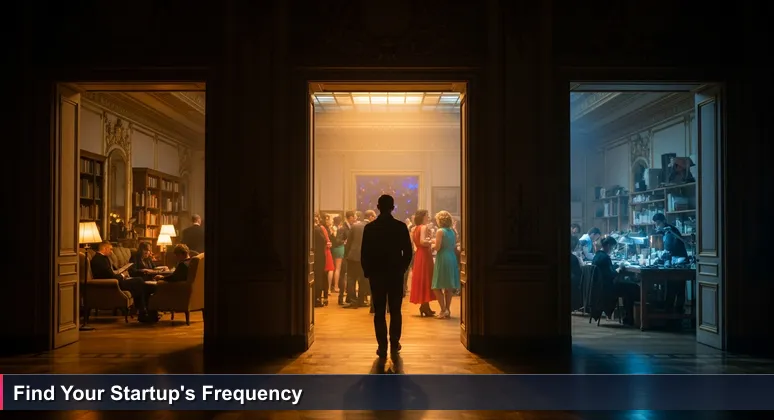 A person standing in a hallway of a grand venue, looking at different rooms representing various tech coworking spaces and incubators in France.