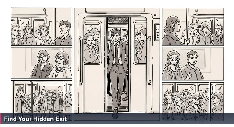 First-person view of a Paris Métro carriage with jammed doors, a passenger stepping out unconventionally while others wait, representing alternative career paths in tech.