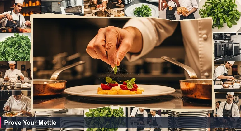 Close-up of a flour-dusted chef's hand garnishing a dish in a chaotic Parisian kitchen, symbolizing the high-pressure environment for junior developers in French startups.