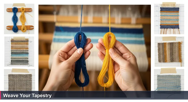 A woman's hands holding blue and gold threads near a loom, with a tapestry in the background, symbolizing the weaving of support networks for women in tech in France.