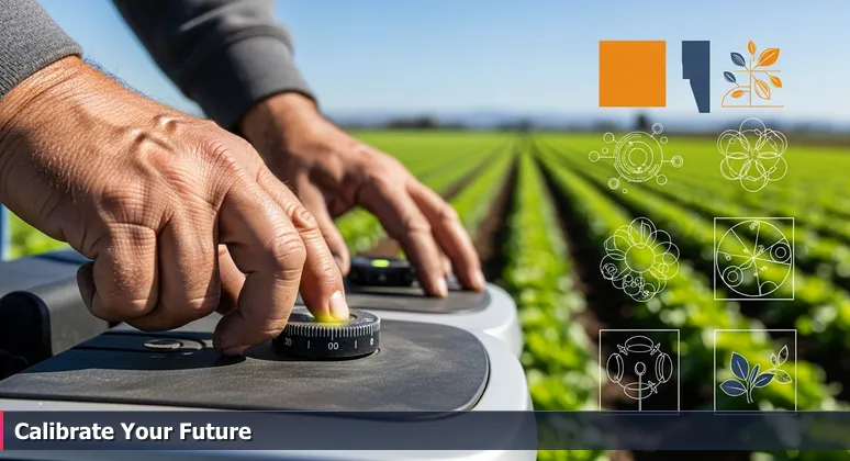 Soil-covered hands adjusting a calibration dial on a high-tech planter in a Salinas lettuce field, symbolizing the integration of AI and agriculture.