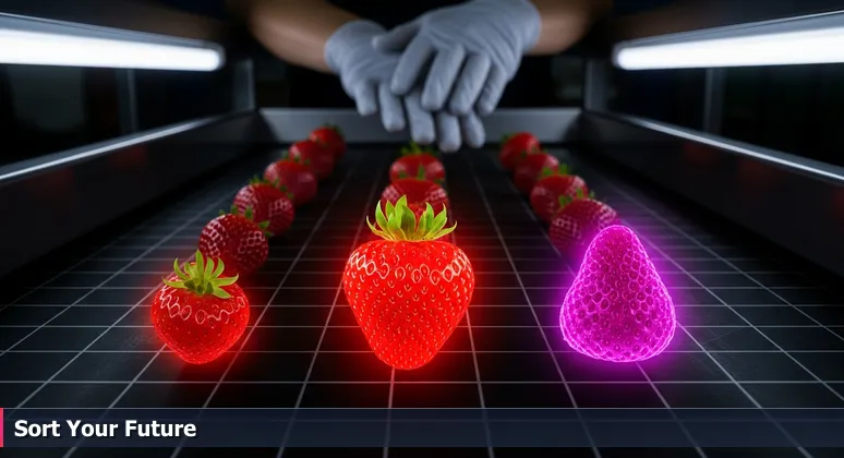 Gloved hands hovering over strawberries on a conveyor belt in a Salinas packing house, symbolizing the career choice between high salary and meaningful work.