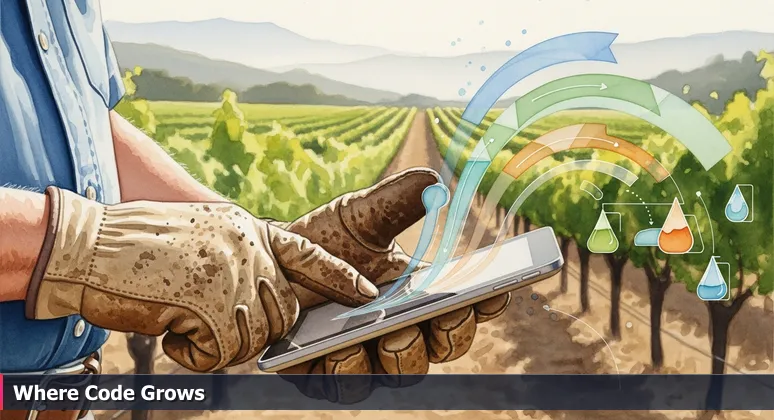 A close-up of a farmer's soil-stained hand holding a tablet with real-time agricultural data, with grapevines and coastal hills in the background, symbolizing tech integration in Salinas.