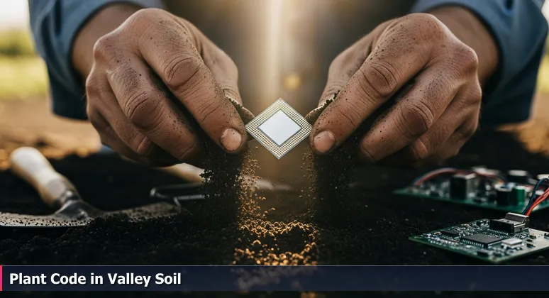 A close-up of a farmer's hands covered in Salinas Valley soil, holding a microchip to symbolize the fusion of agriculture and AI technology.