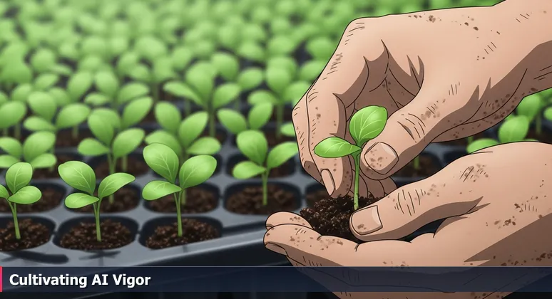 Weathered hands carefully holding a seedling in a nursery tray, symbolizing the selection of robust AI startups in Salinas' agritech ecosystem.