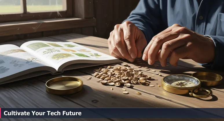 Farmworker's hands sorting seeds on a wooden table in Salinas, representing the careful selection of tech training funding options