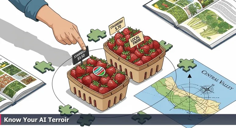 A shopper's hand hesitates between two baskets of strawberries at a Salinas farmers' market, symbolizing the choice in AI salary offers based on value and origin.