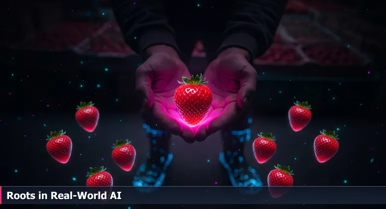 A shopper's hands hold a ripe strawberry at the Salinas Farmers' Market, with a farmer in the background, symbolizing the hidden work behind AI engineering in agriculture and tech.