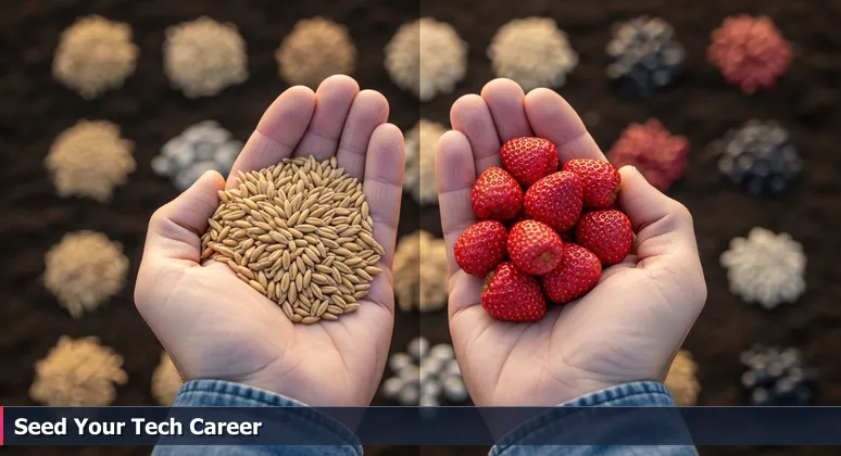 A farmer's hands holding wheat and strawberry seeds over dark Salinas Valley soil, symbolizing tech career choices between tradition and innovation.