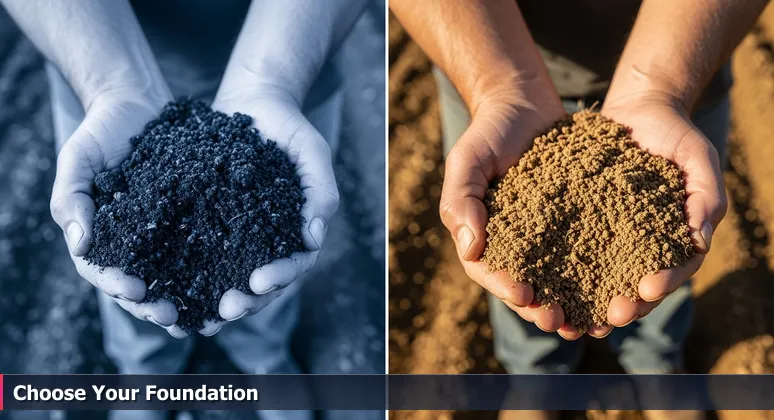 Close-up of a farmer's hands holding contrasting soils from a Salinas field, symbolizing the choice of AI bootcamps for career growth in the region.