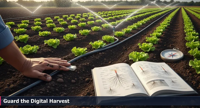 A farmer's hand touching a network cable in the soil of a Salinas field, symbolizing the blend of agriculture and cybersecurity technology.