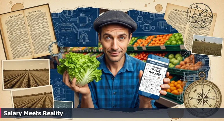 A tech professional in a Salinas grocery store, holding lettuce and a smartphone with a $125,000 job offer, contemplating cost of living versus salary.