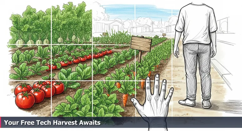 Close-up of a hand hesitating near a lush community garden labeled 'For Everyone' in Salinas, representing access to free tech resources.