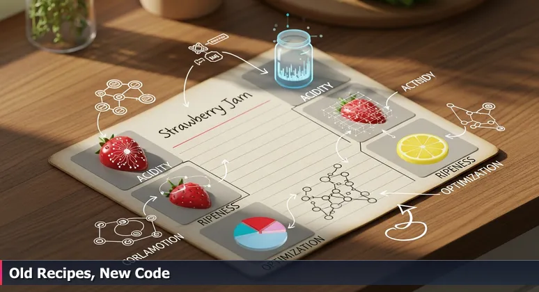 A weathered recipe card for strawberry jam on a wooden kitchen counter, with handwritten notes in the margins about machine learning models and AI algorithms, representing the fusion of farming heritage and technology innovation in Salinas, CA.
