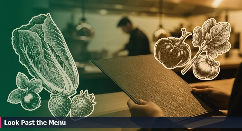 A person's hands holding a menu in a Salinas farm-to-table restaurant, with an open kitchen and chef preparing food in the background, symbolizing the choice between surface-level job listings and deep tech startup involvement.