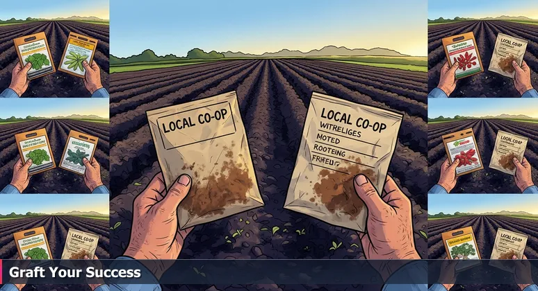 A farmer's weathered hands holding two seed packets in a Salinas field at dawn, symbolizing choice between generic and locally-adapted tech resources for women.