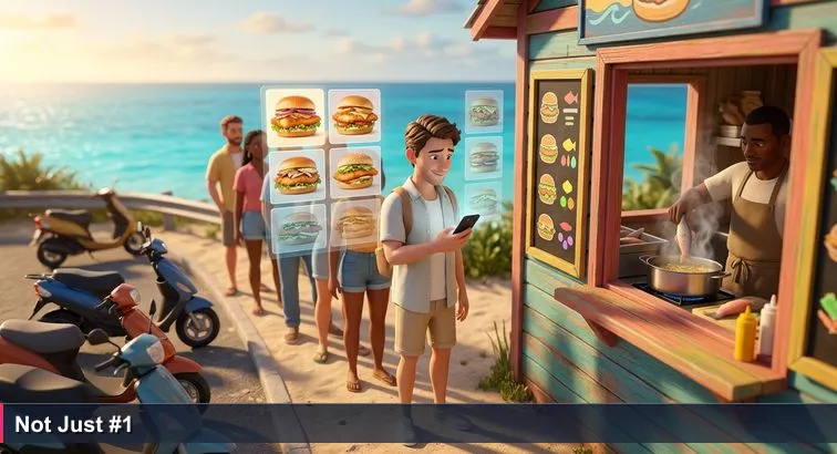 People in line at a small North Shore fish-sandwich stand, one person scrolling a ‘Top 10’ list on their phone while the cook fries fish, sea and scooters in background.