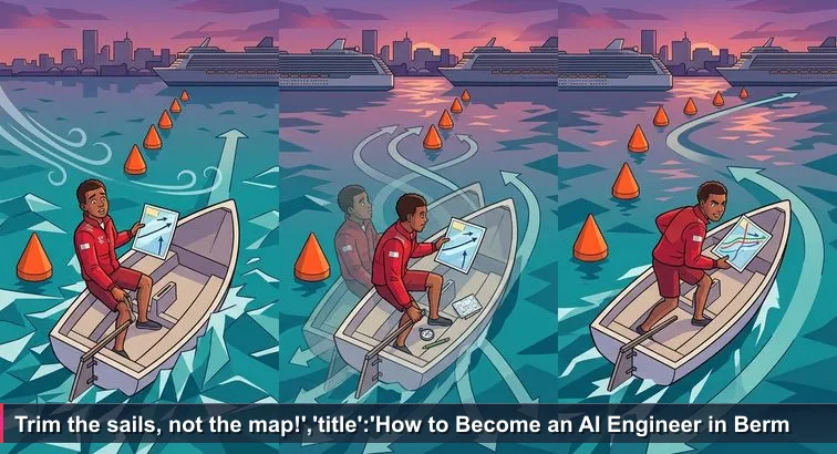 Young Bermudian at the tiller of a small sailboat in the Great Sound at dusk, holding a laminated course map while the wind shifts; Hamilton skyline and a cruise ship are visible.
