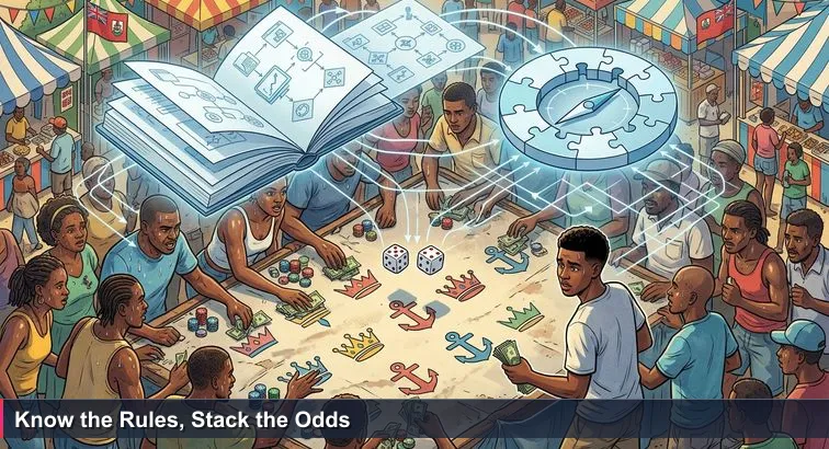 Crowded Cup Match Crown and Anchor table in St. George’s with dice mid-air, chips scattered; a young Bermudian hangs back holding cash, watching others gamble while pondering a laptop plan.