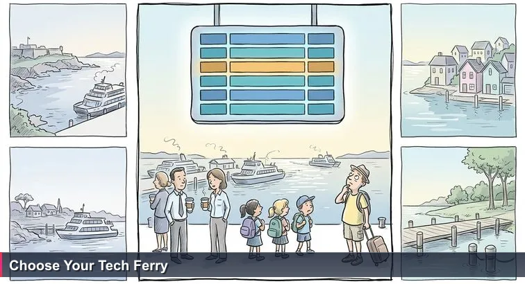 Early morning at Hamilton Ferry Terminal showing a glowing departures board, commuters in office clothes, schoolchildren with backpacks, and ferries at the dock under a bright sky.